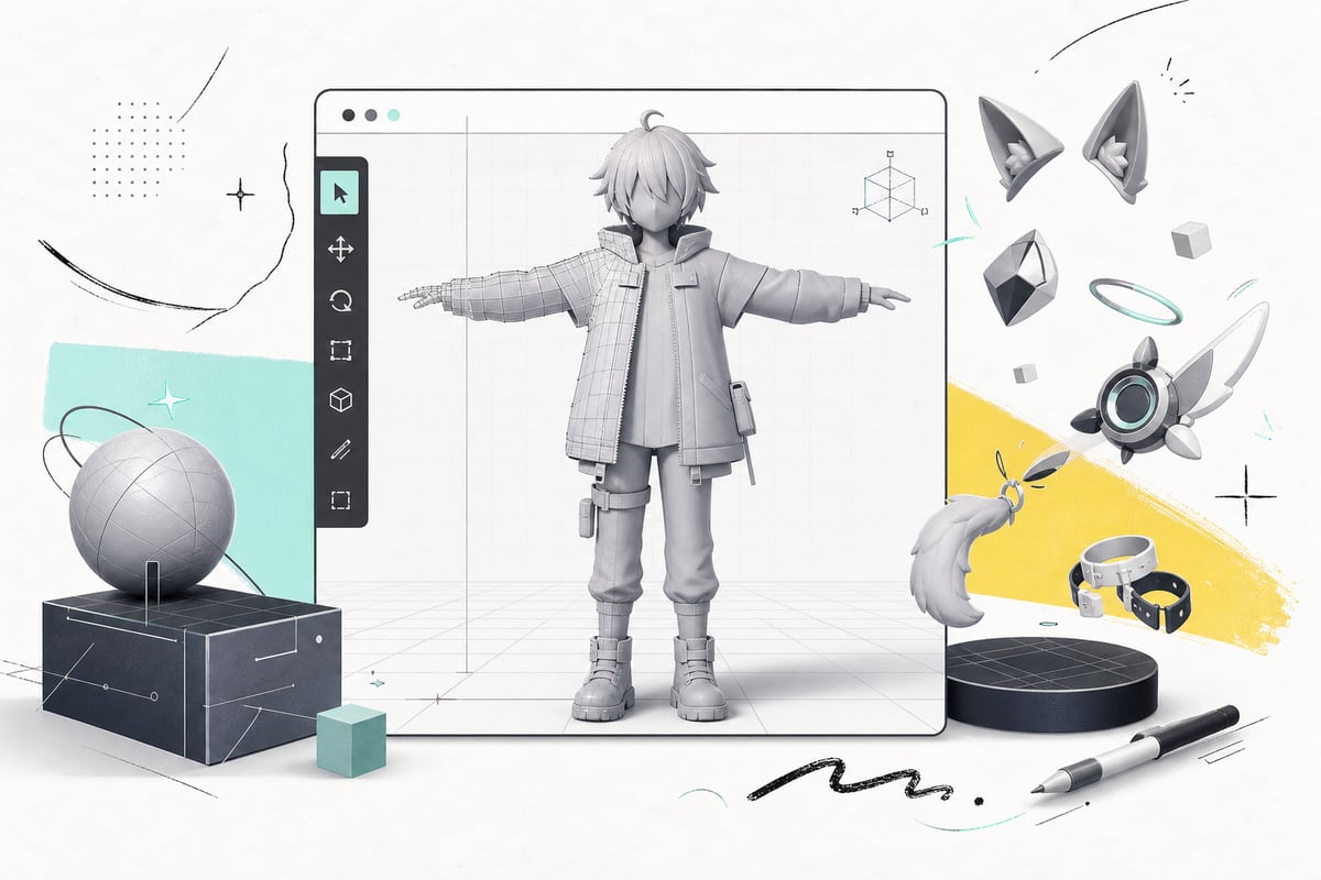 3Dアバターと小物を編集するモデリング画面